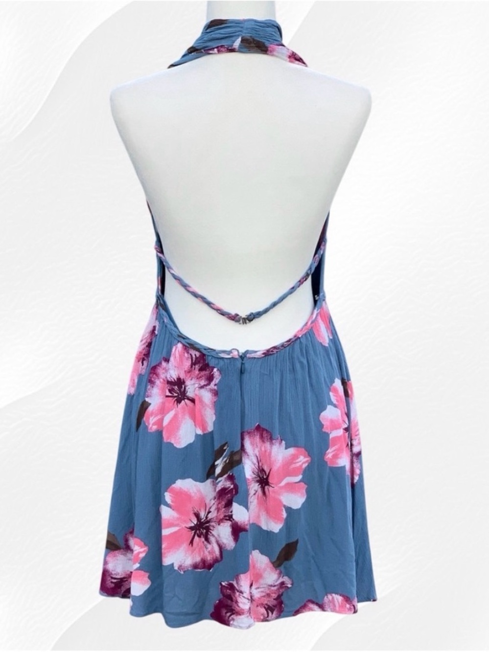 Venus Backless Blue & Pink Hibiscus Tropical Floral Crepe Halter Swing Dress 10 - Picture 3 of 11
